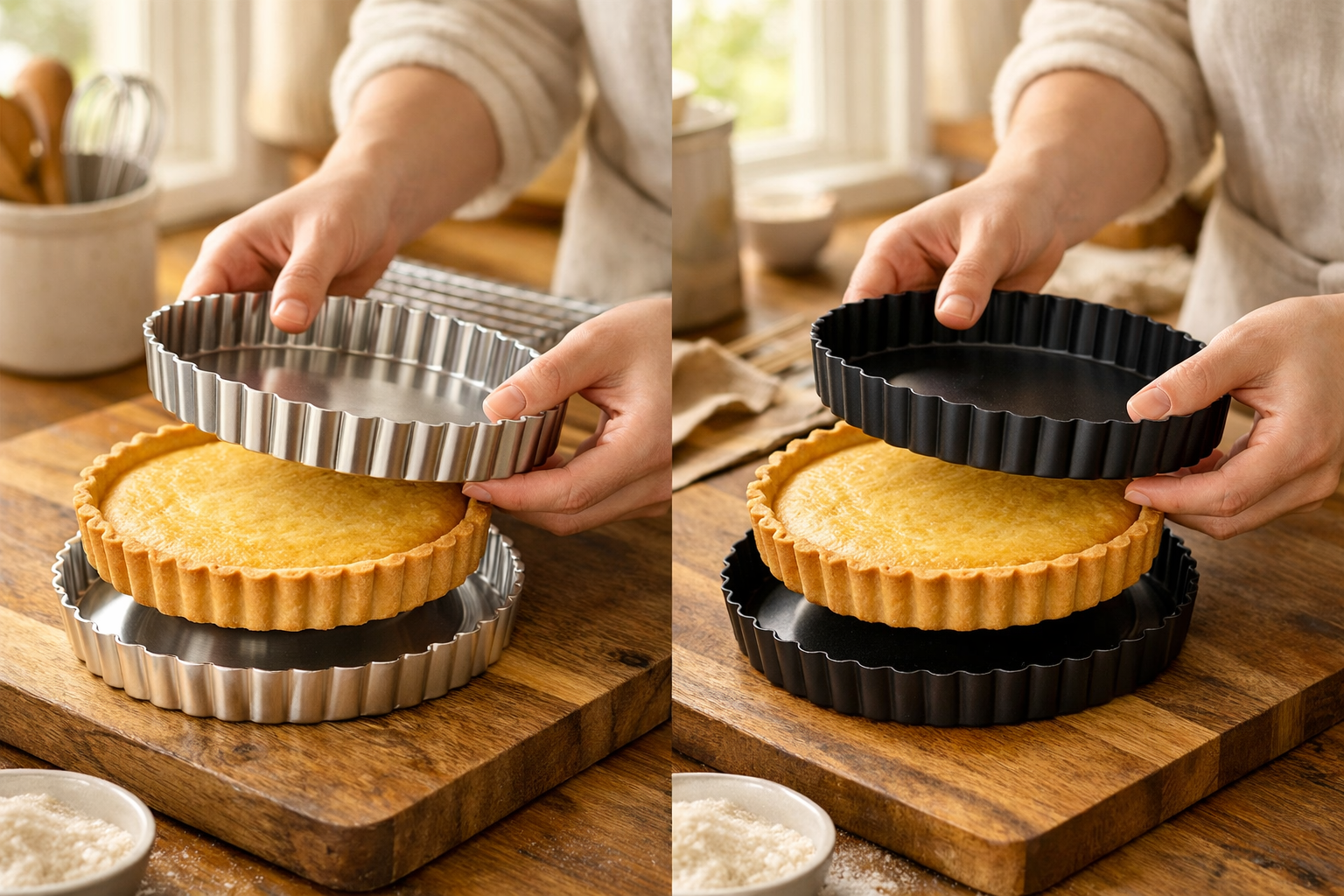 Lifestyle editorial photograph (1536x1024) showing hands demonstrating the removal process of a finished tart from fluted pan with removable