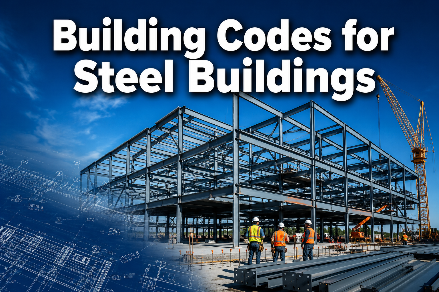 Professional () hero image with : 'Building Codes for Steel Buildings' in extra large white with dark drop , centered in