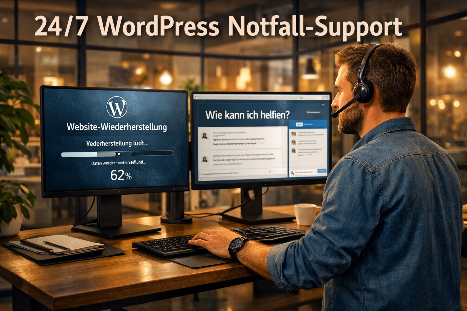() wide-angle shot of a professional WordPress support specialist working at a standing desk with dual monitors, one showing