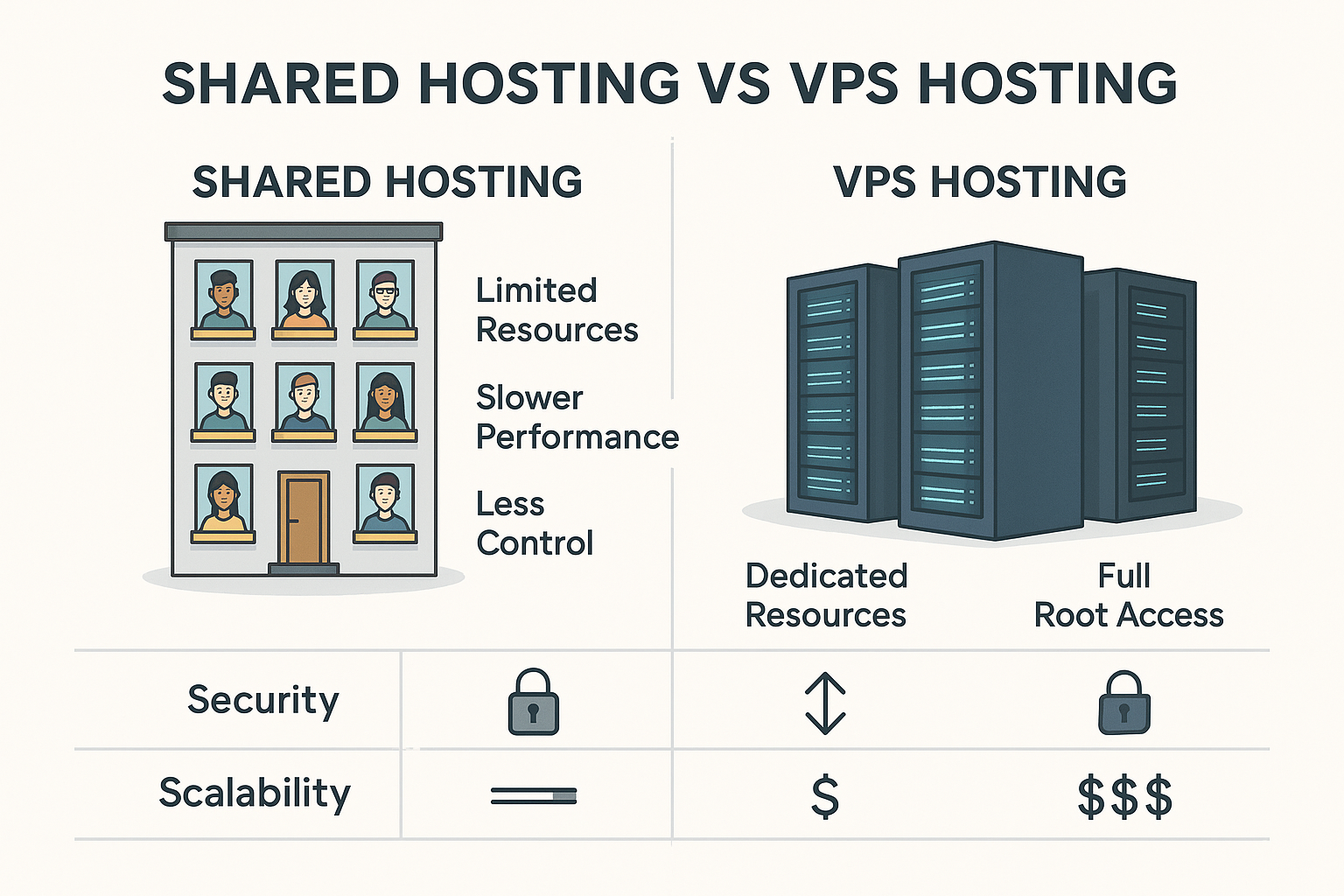An infographic illustrating the key differences between shared hosting and VPS hosting, with two distinct columns. The 'Shared Hosting' colu