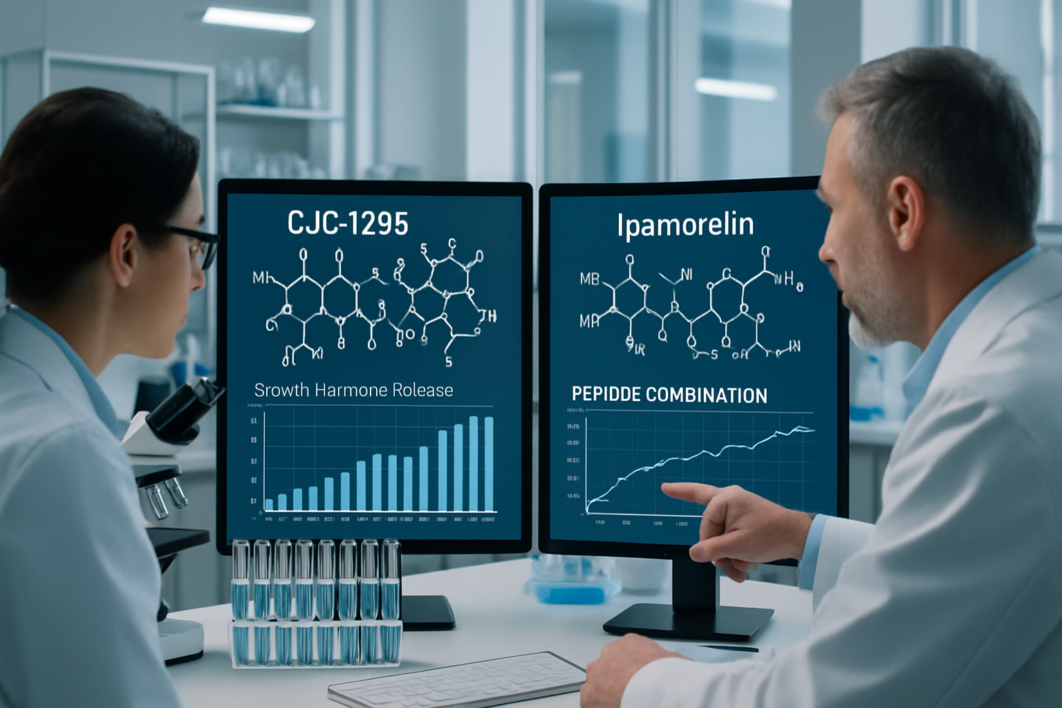Scientific laboratory setting showing molecular structure diagrams of CJC-1295 and Ipamorelin peptides on computer screens, research data ch