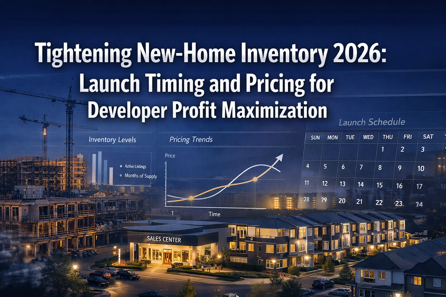 Professional () editorial hero image featuring 'Tightening New-Home Inventory 2026: Launch Timing and Pricing for Developer
