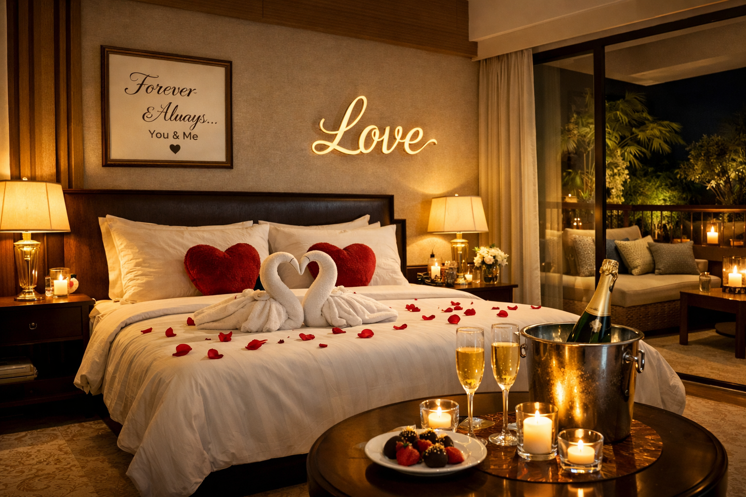 A beautifully composed landscape image (1536x1024) depicting a luxury Airbnb bedroom in Gurgaon, specifically designed for an anniversary st