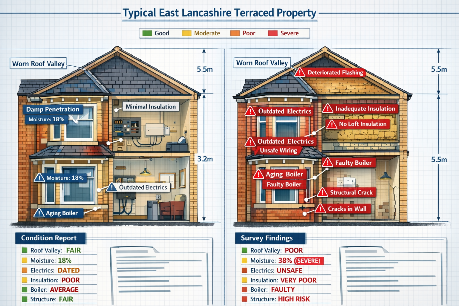 () detailed infographic showing cross-section cutaway view of typical East Lancashire terraced rental property with labeled