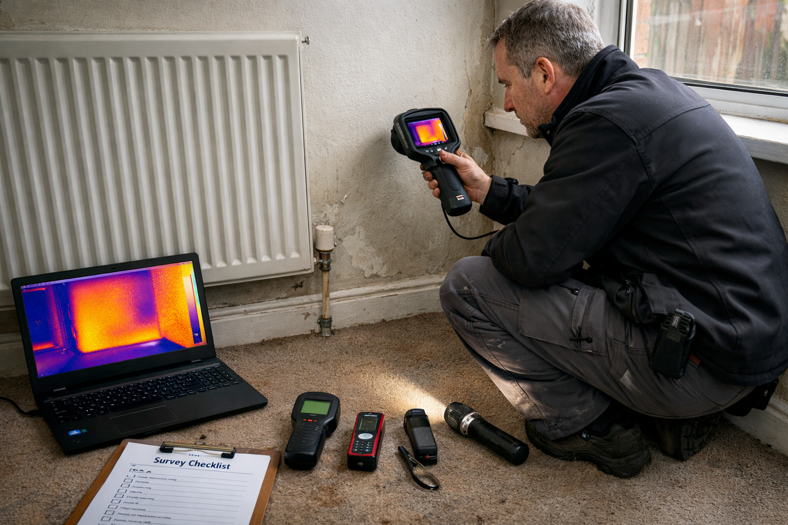 () photograph of professional building surveyor conducting detailed inspection inside former rental property in East