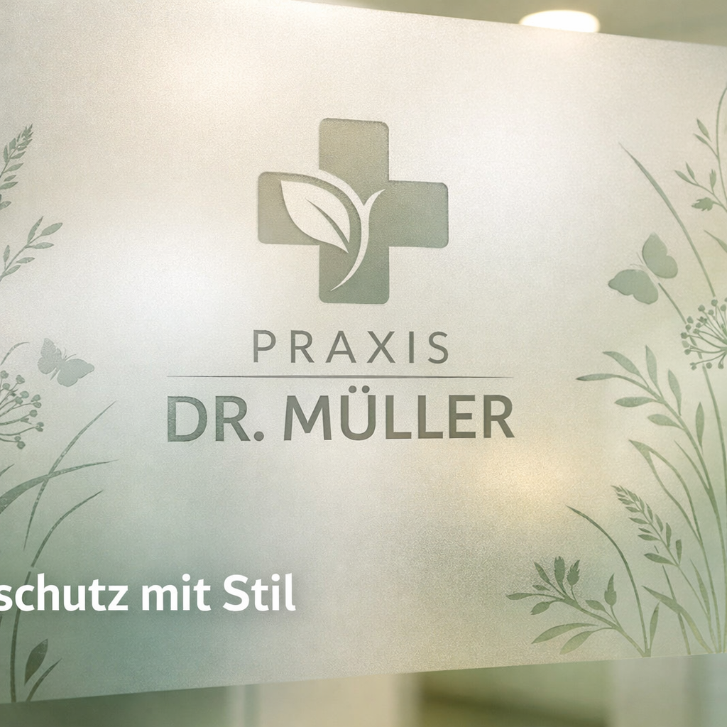 () showing a close-up of a frosted glass door in a modern Arztpraxis with a custom Glasdekor pattern featuring delicate