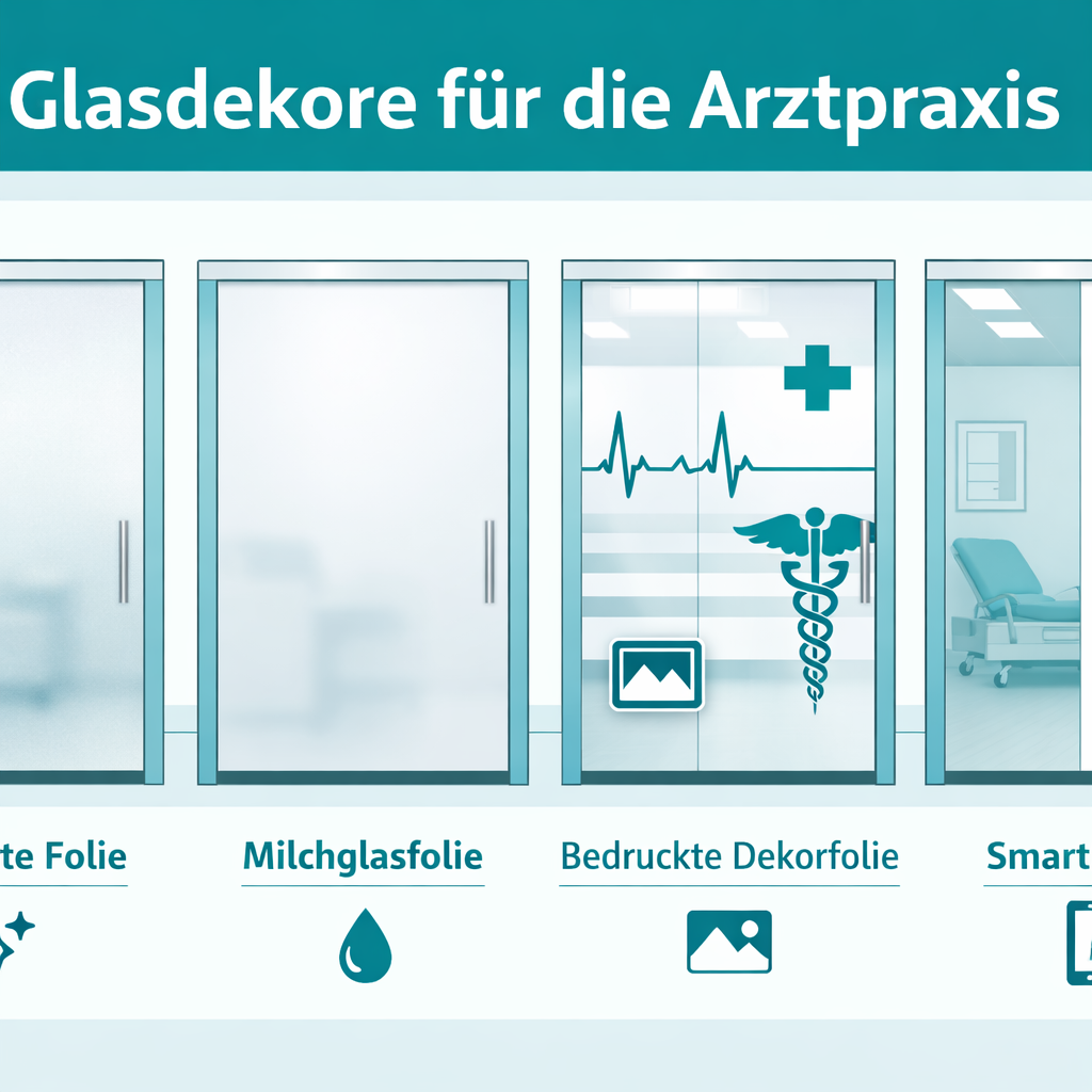 () showing a side-by-side comparison infographic of four Glasdekor types for Arztpraxis: satinierte Folie, Milchglasfolie,
