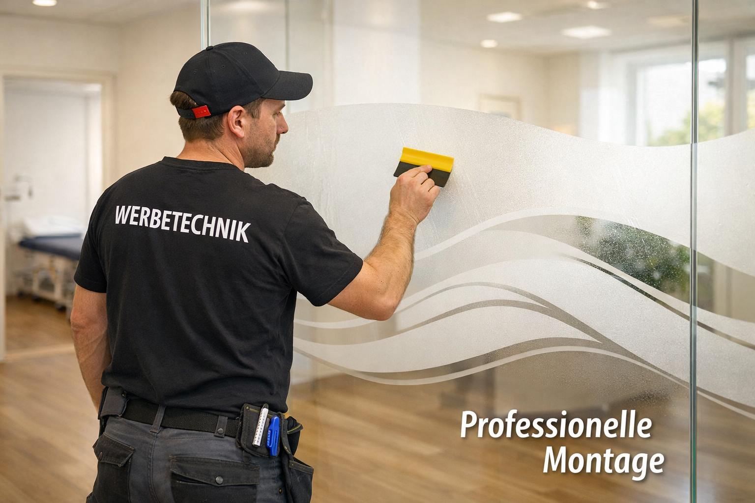 () showing a professional Werbetechniker applying a custom Glasdekor film to a large glass partition wall in a bright