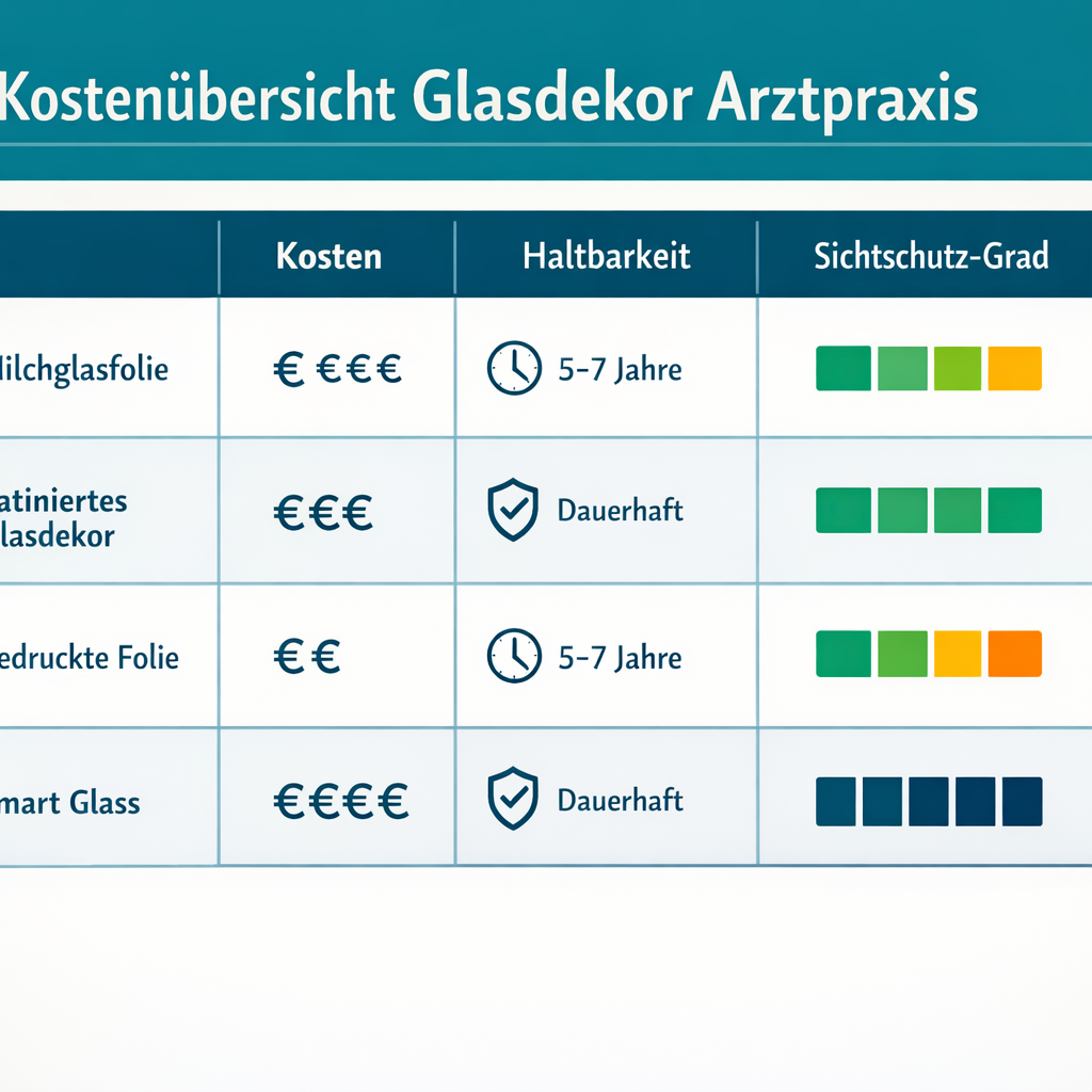 () showing a detailed cost breakdown table as a stylized infographic for Glasdekor Arztpraxis options. Rows list: