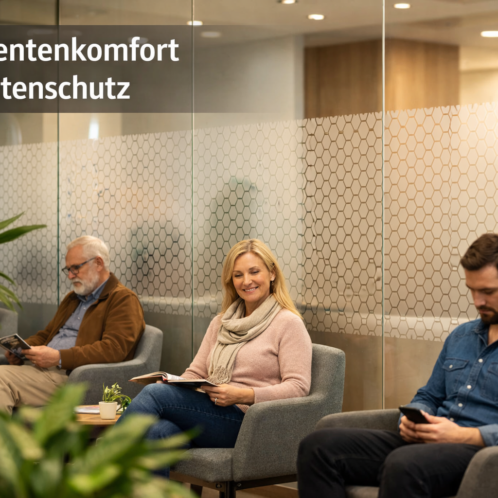 () showing a modern Arztpraxis waiting room with floor-to-ceiling glass walls featuring elegant custom Glasdekor privacy