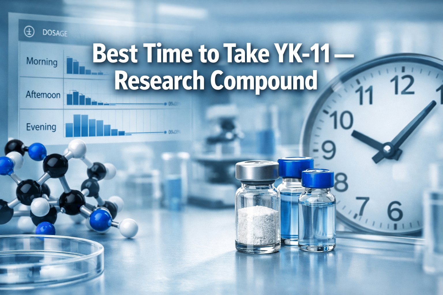 Professional landscape format (1536x1024) hero image featuring bold text overlay 'Best Time to Take YK-11 — Research Compound' in extra larg