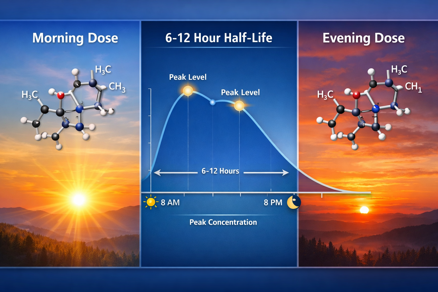 Detailed landscape format (1536x1024) image showing split-screen comparison of morning versus evening YK-11 administration schedules. Left s