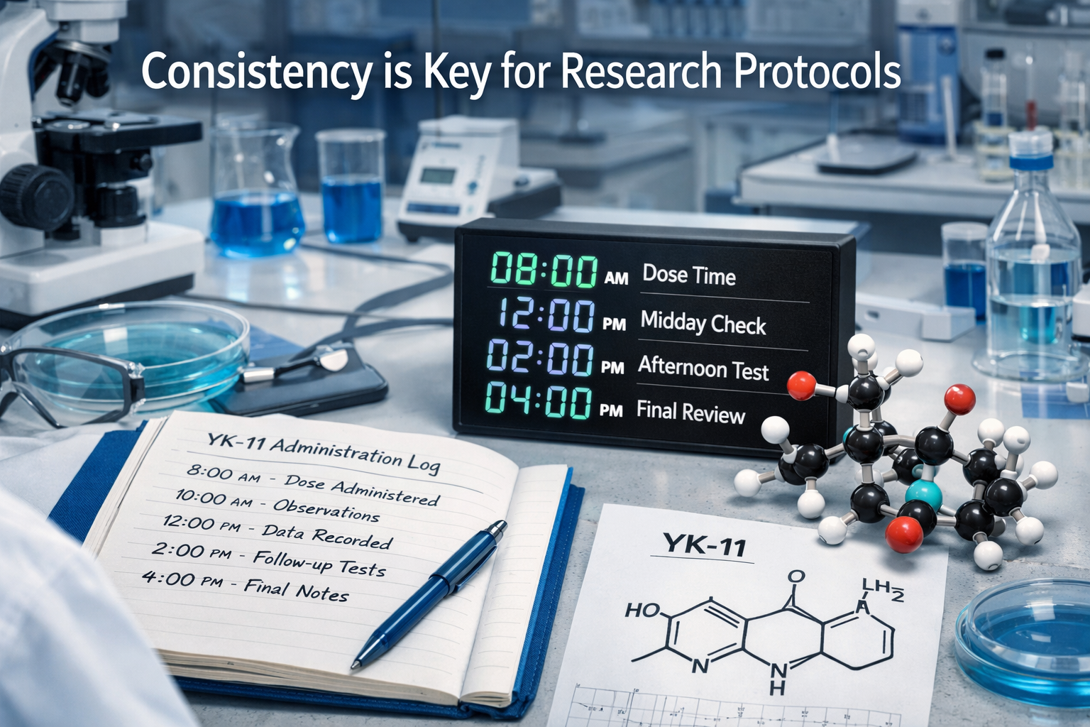 Detailed landscape format (1536x1024) research laboratory scene showing documentation and consistency protocols for YK-11 administration. Fe