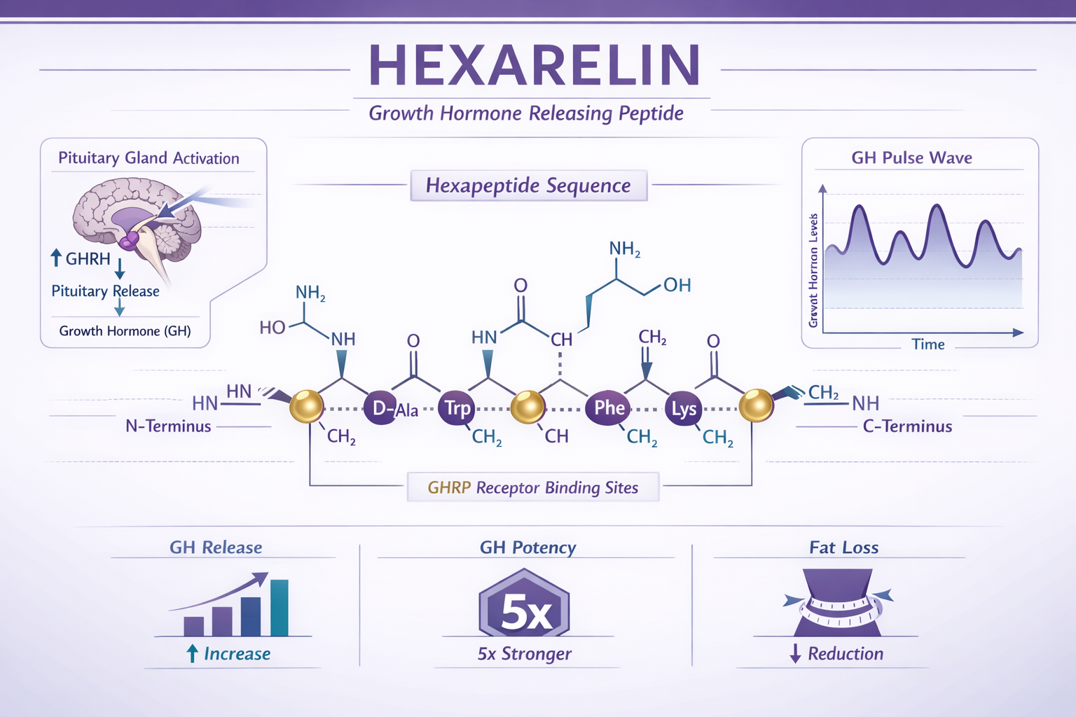 Professional medical infographic displaying Hexarelin peptide structure with growth hormone releasing properties, purple and teal color sche