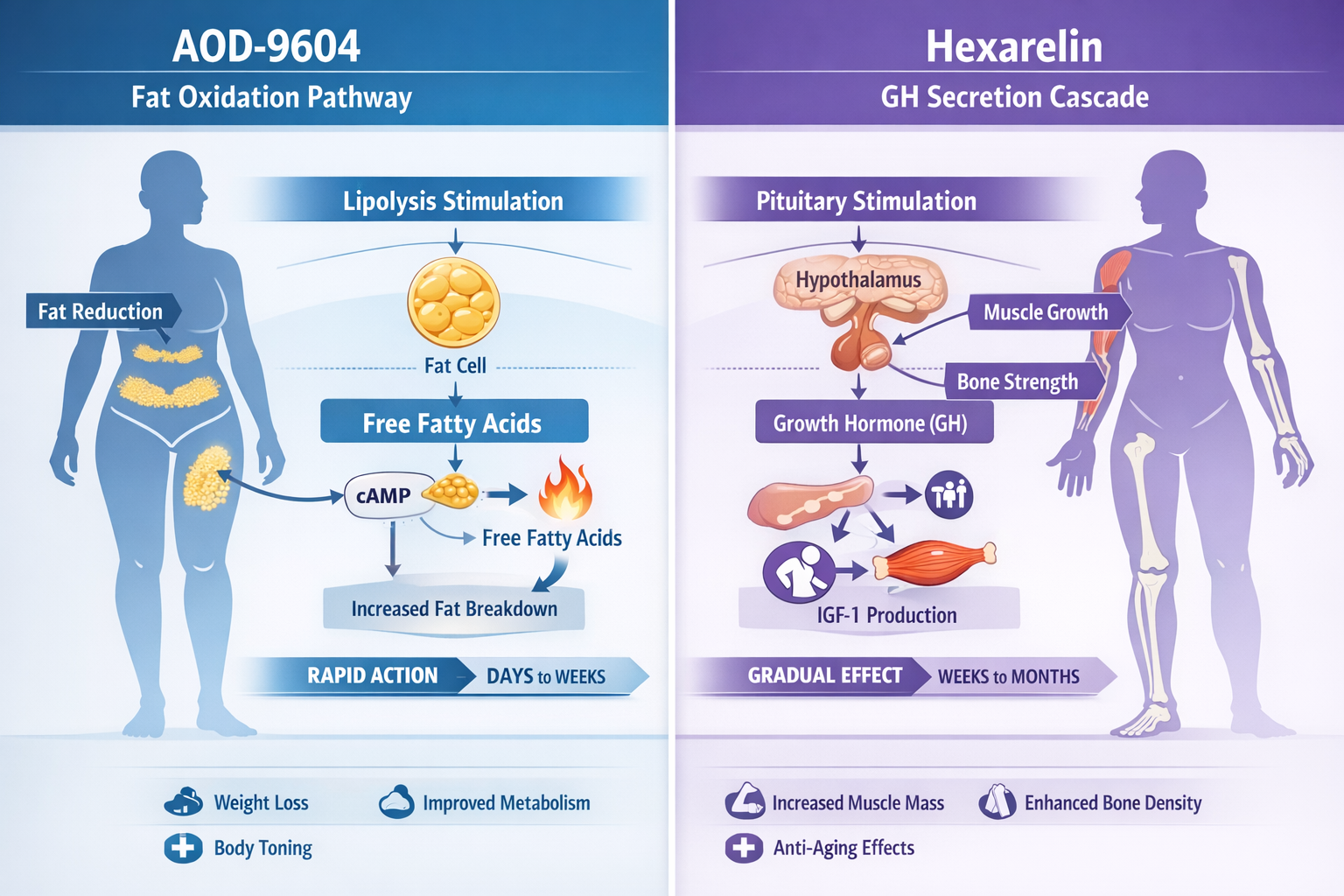 Side-by-side comparison chart showing AOD-9604 and Hexarelin mechanisms of action, split-screen layout with blue section for AOD-9604 fat ox