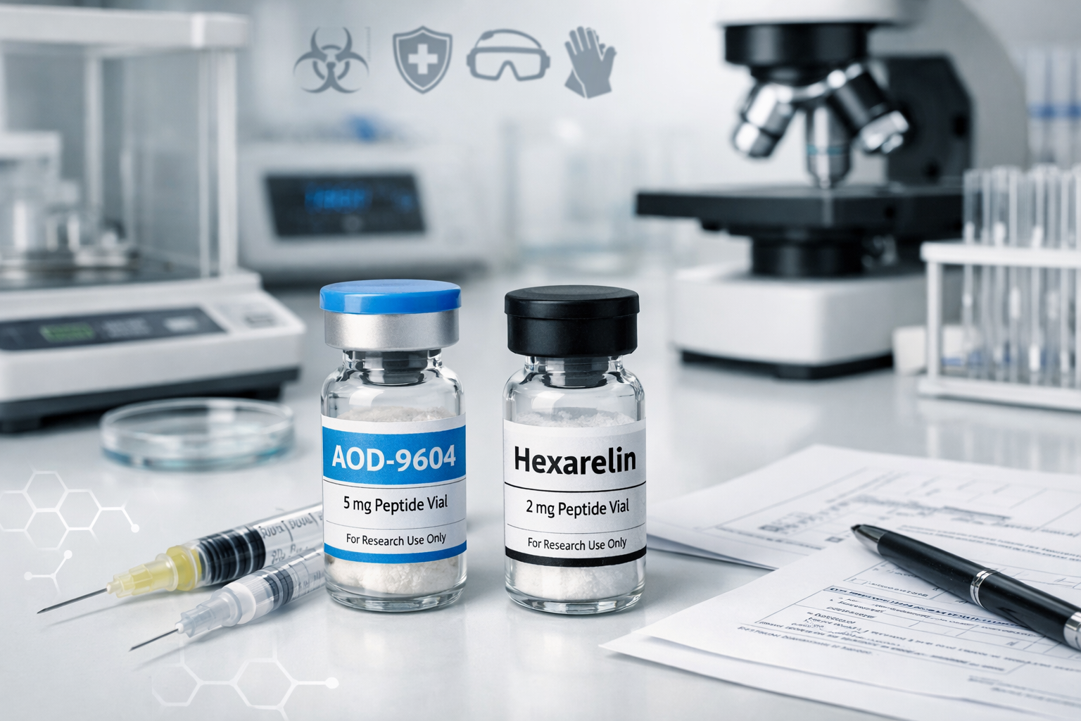 Professional laboratory scene showing peptide research vials labeled AOD-9604 and Hexarelin on clean white surface, with scientific measurem