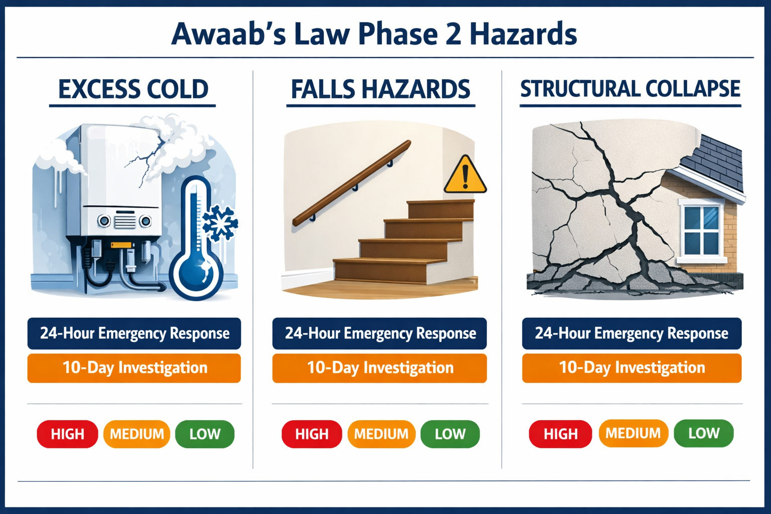 Detailed () infographic-style illustration showing three Awaab's Law Phase 2 hazard categories side by side: a frozen