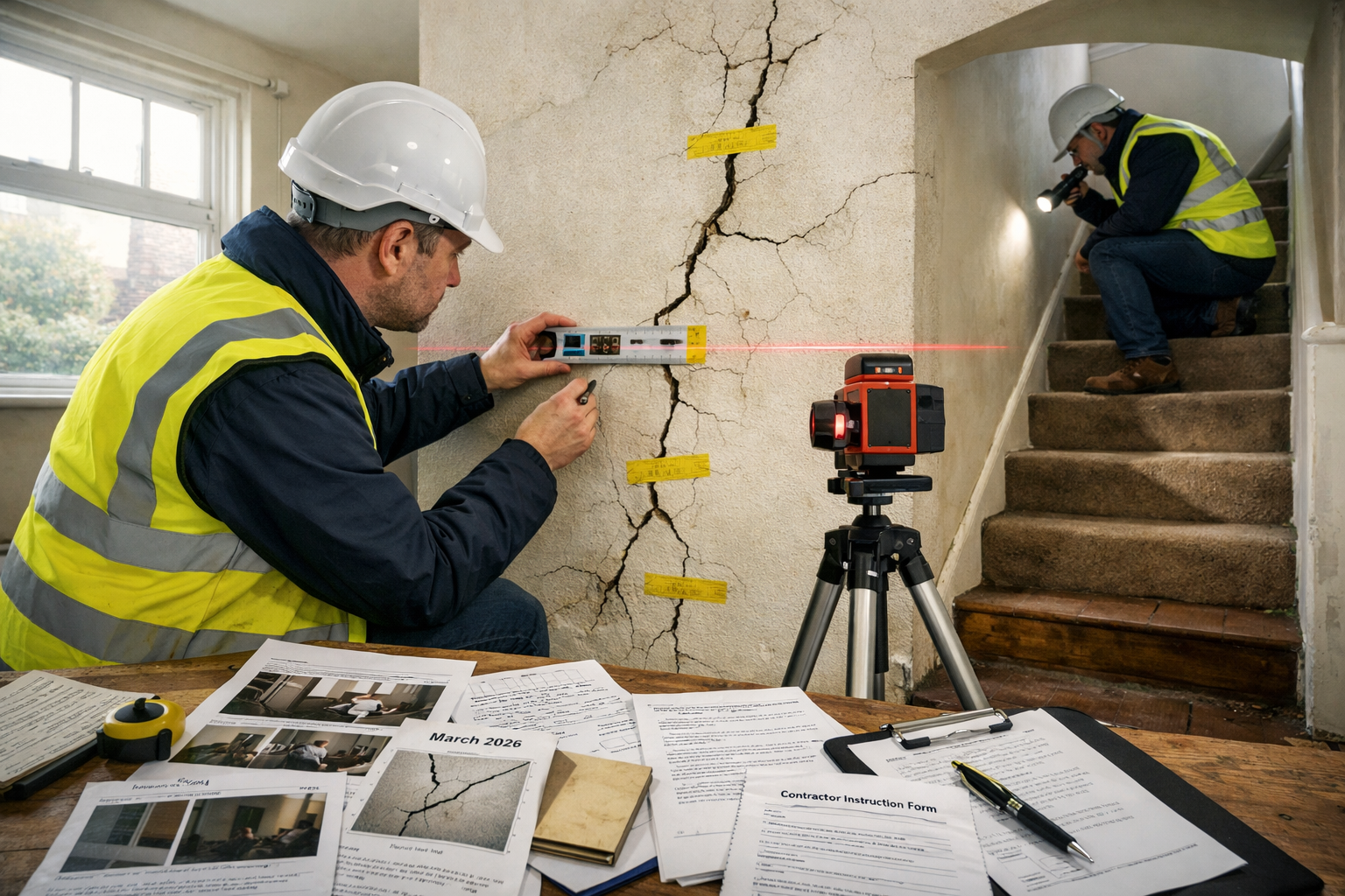 Wide-angle photograph of a UK private rented sector property interior showing a surveyor using a laser level and structural