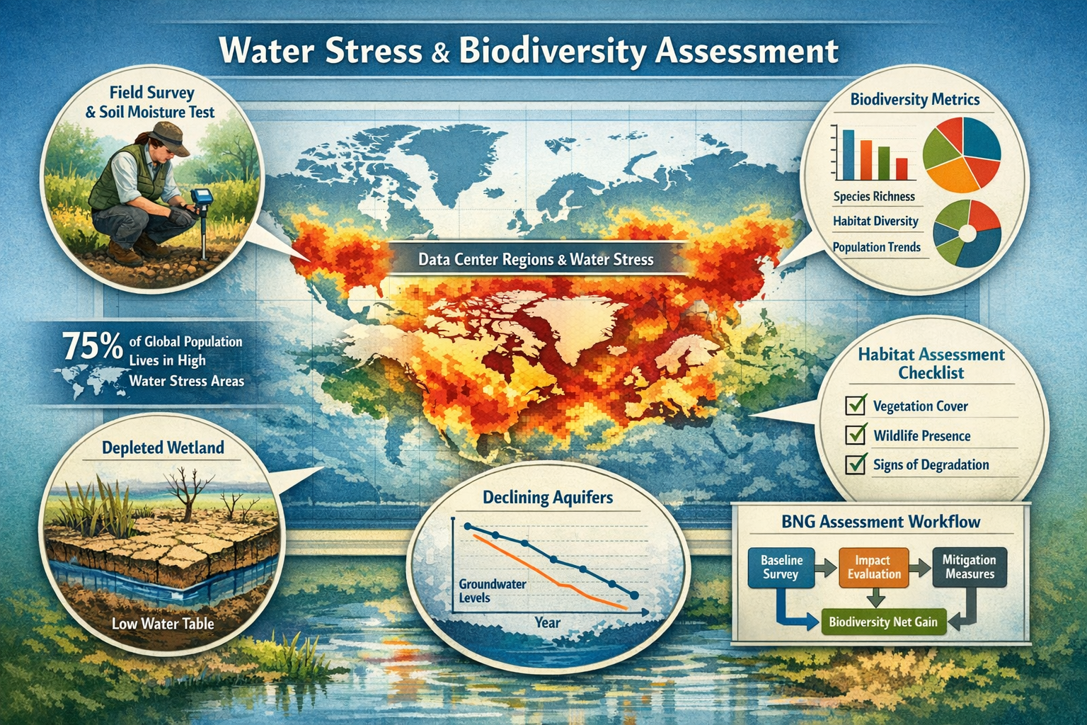 Detailed landscape format (1536x1024) infographic illustration showing the intersection of water stress and biodiversity assessment protocol