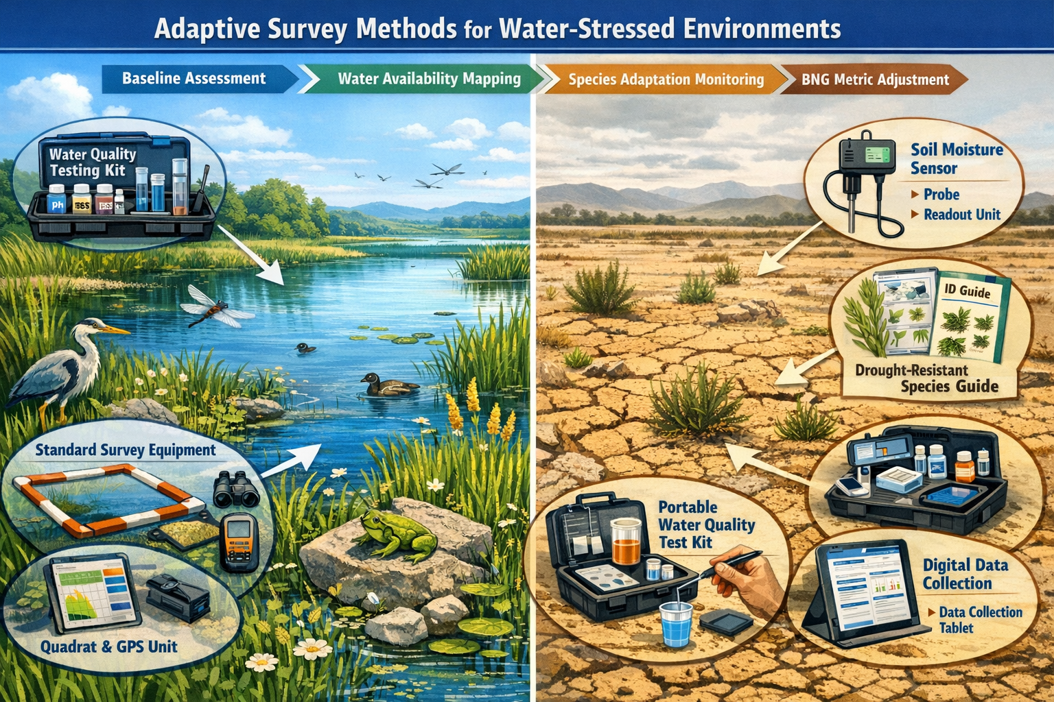 Comprehensive landscape format (1536x1024) field guide visualization displaying adaptive survey methodologies for water-stressed environment
