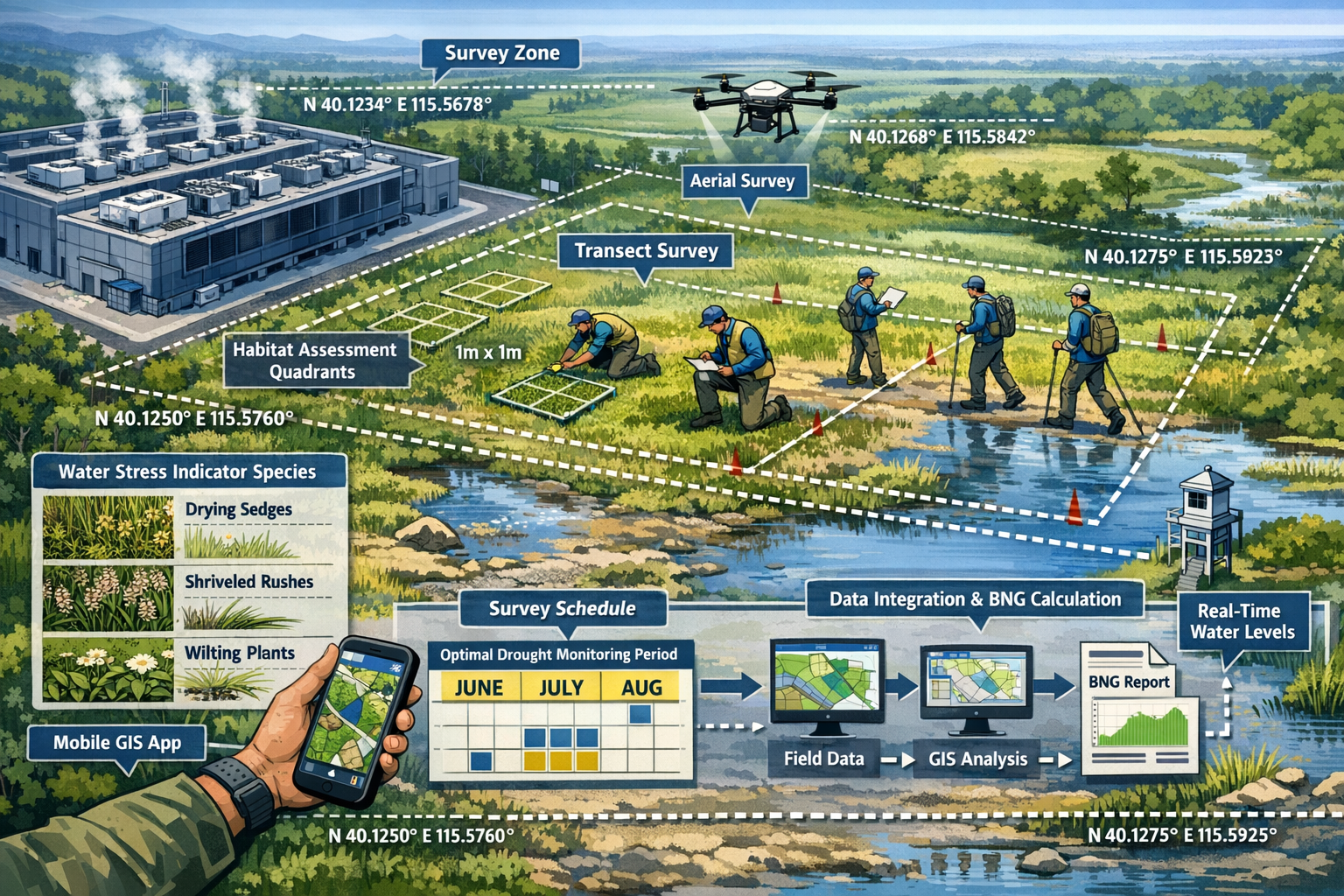 Detailed landscape format (1536x1024) strategic planning illustration for ecology surveyors conducting assessments near data center infrastr