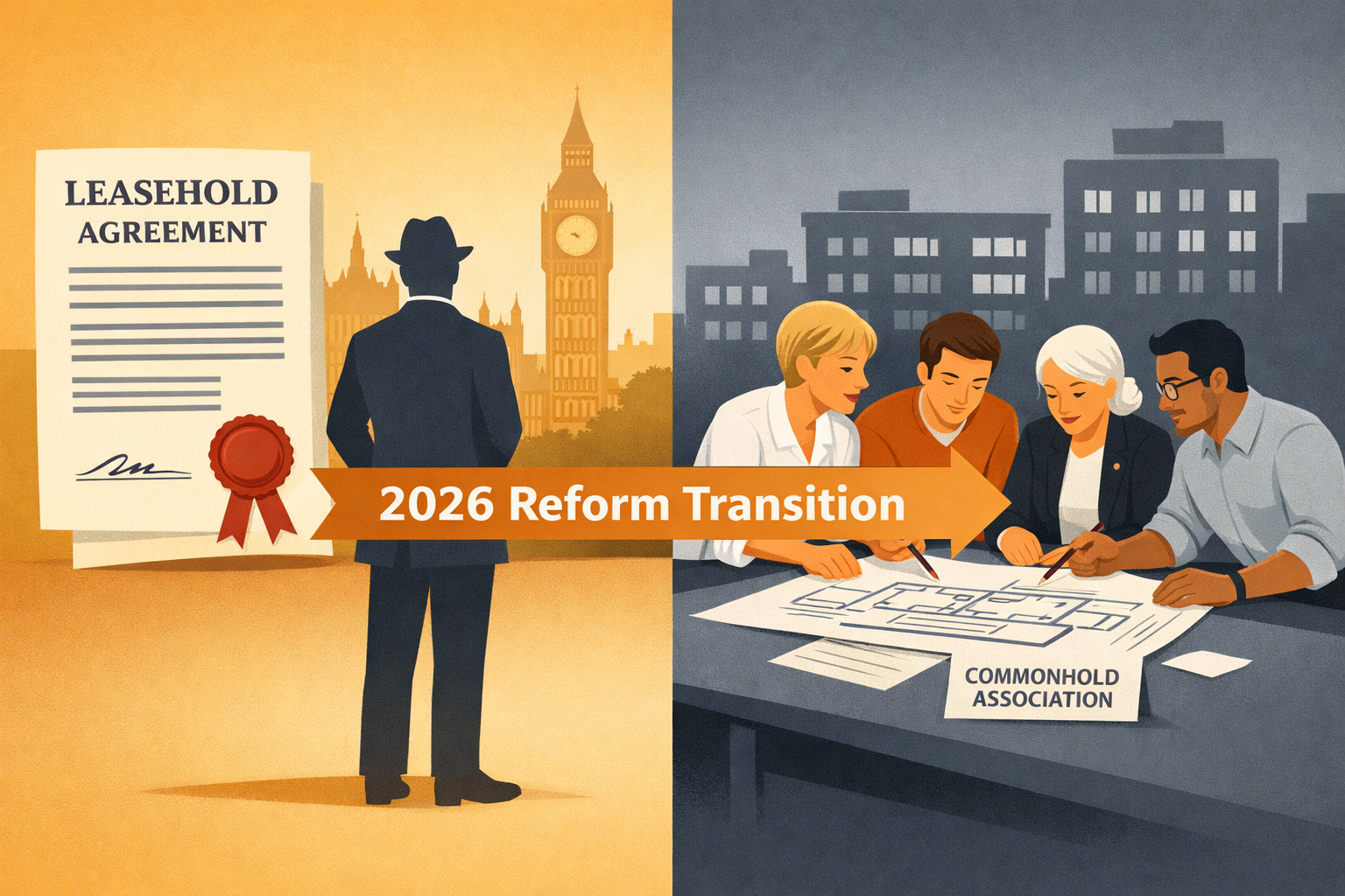 () editorial illustration showing a split-scene: left side depicts a traditional leasehold document with red wax seal and a