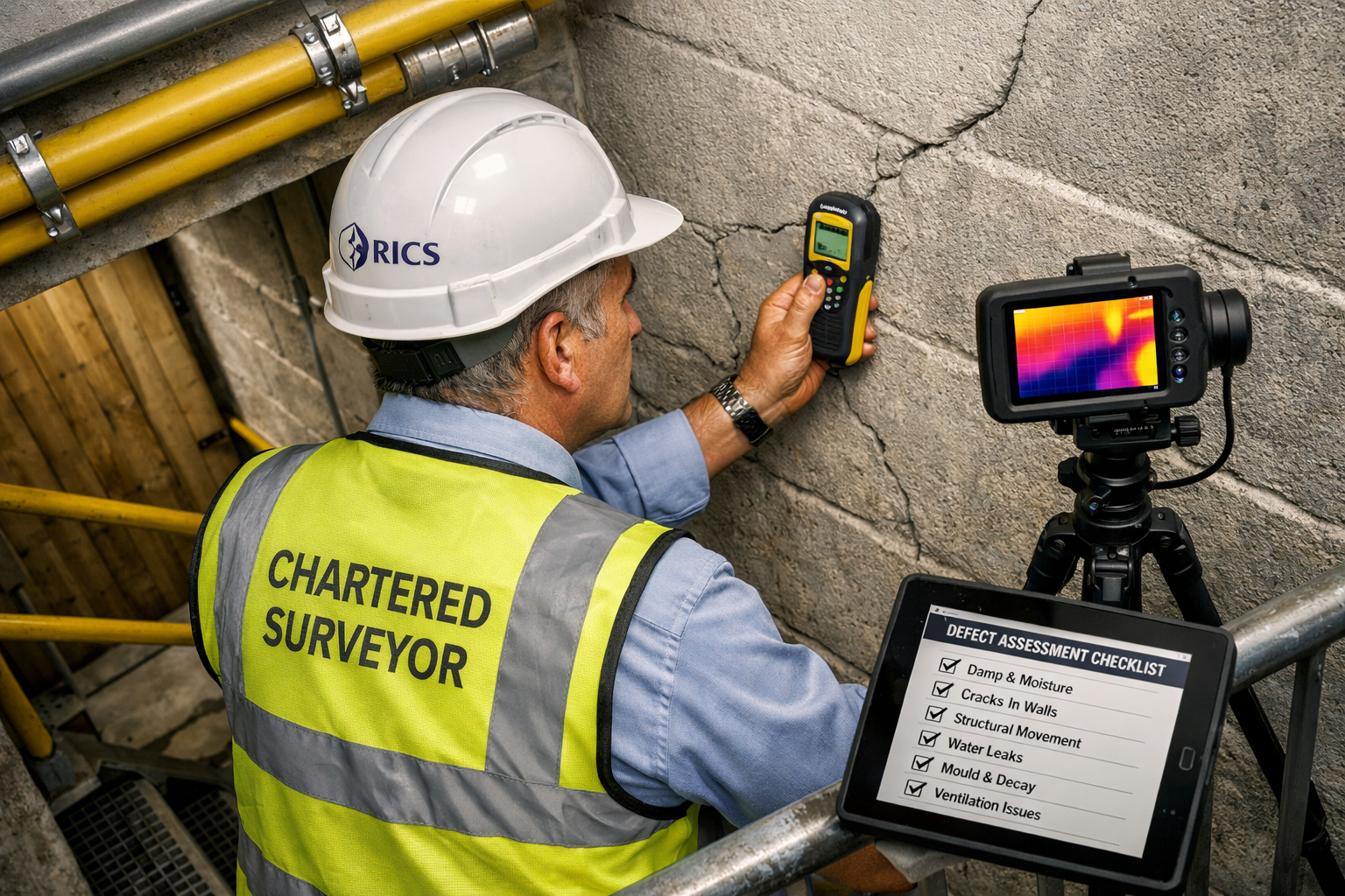 () showing a RICS-accredited chartered surveyor conducting a detailed structural inspection inside a converted commonhold