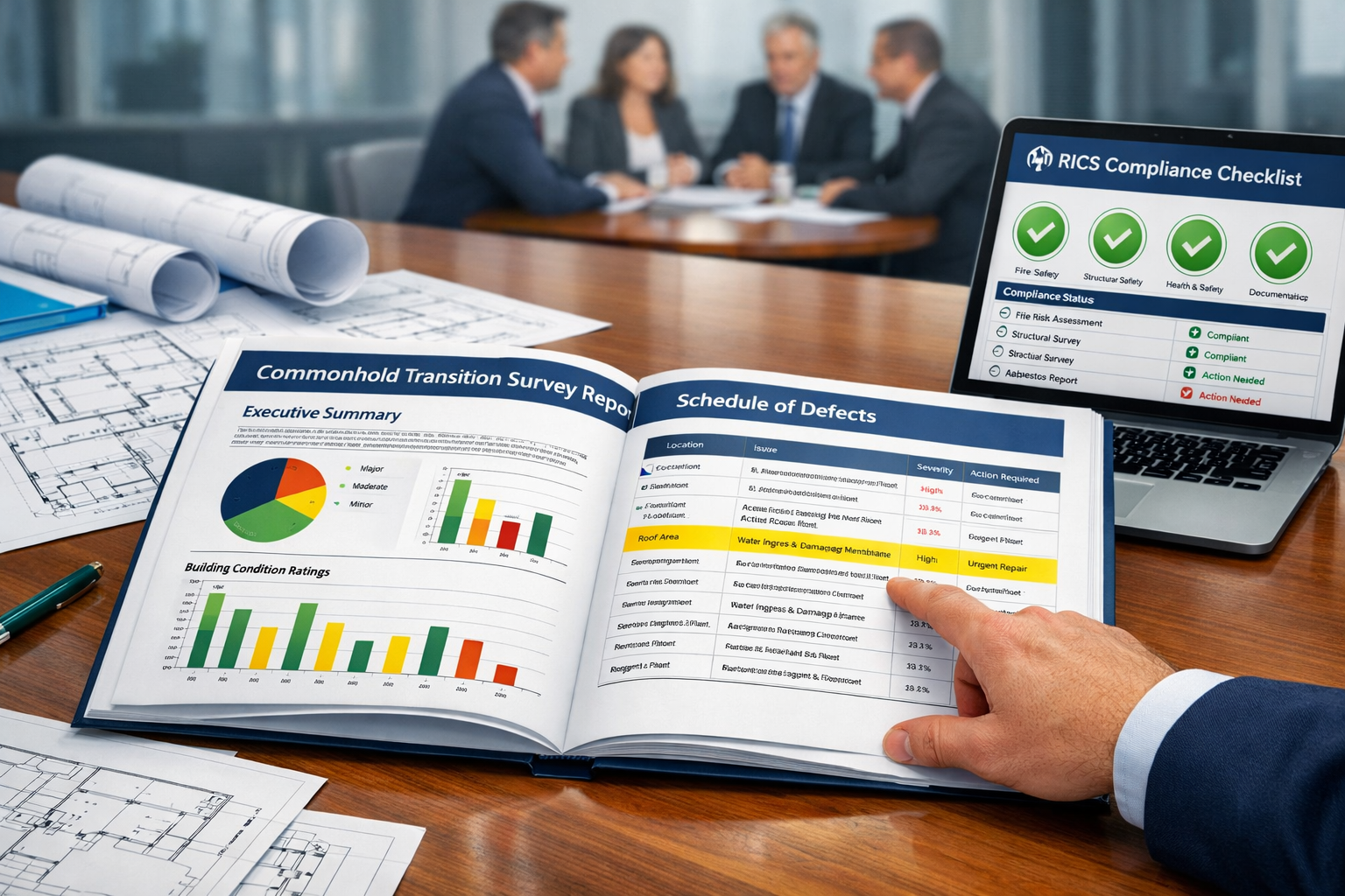 () depicting a formal commonhold transition survey report spread open on a boardroom table, surrounded by building floor