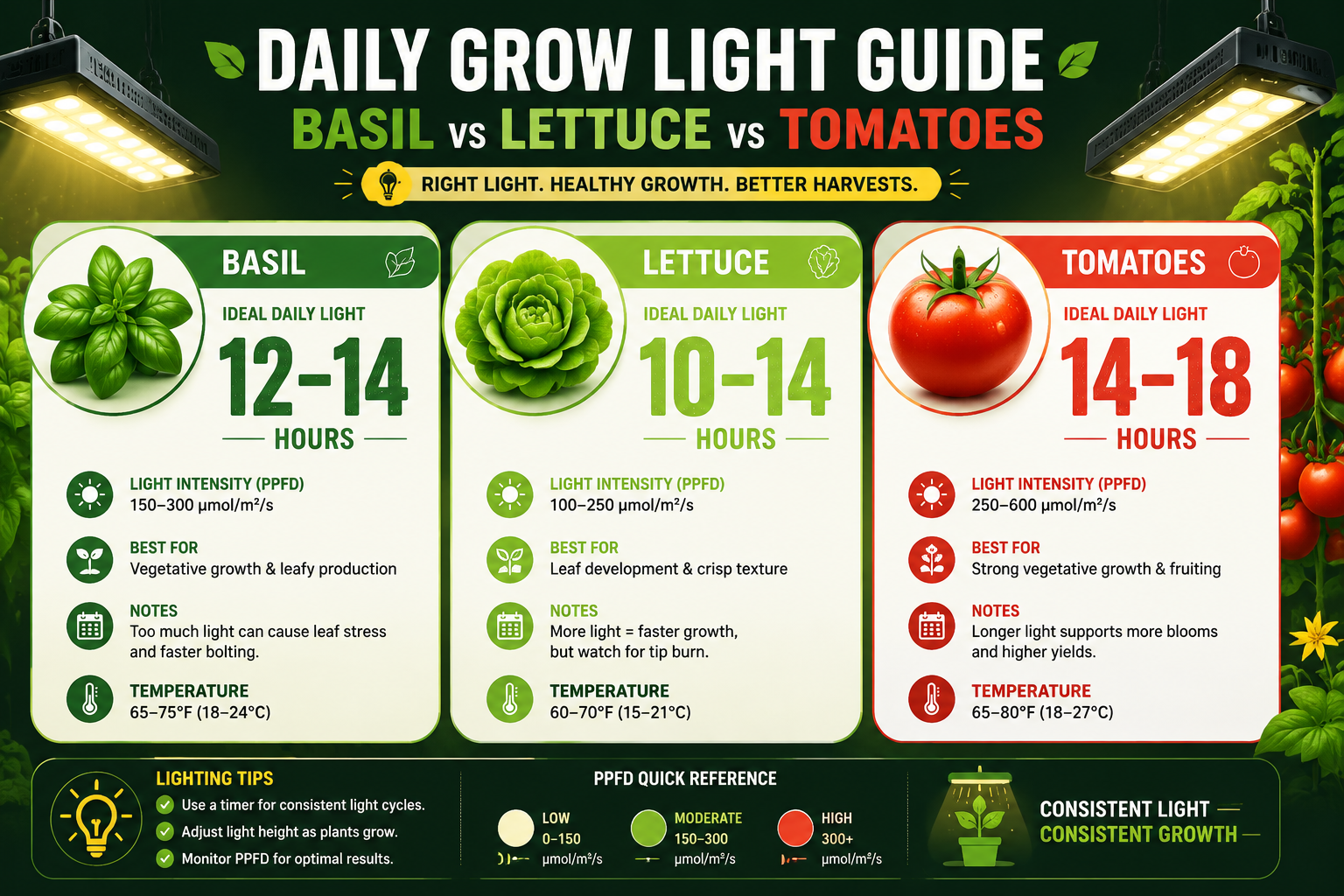 How Many Hours of Grow Light Does Basil Need vs Lettuce vs Tomatoes?