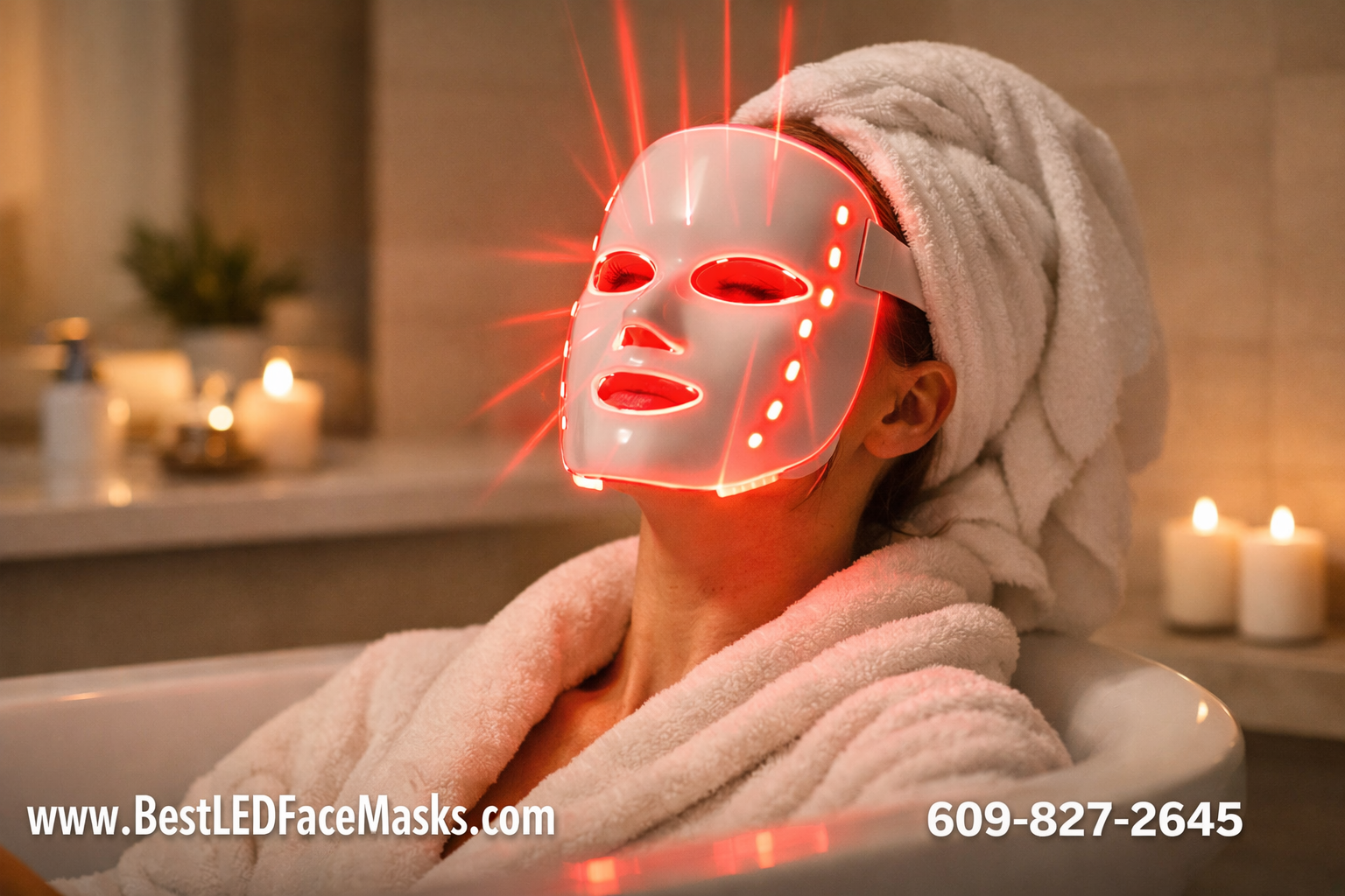 Detailed () showing a woman wearing a glowing red LED face mask at home in a modern bathroom setting, relaxed expression,