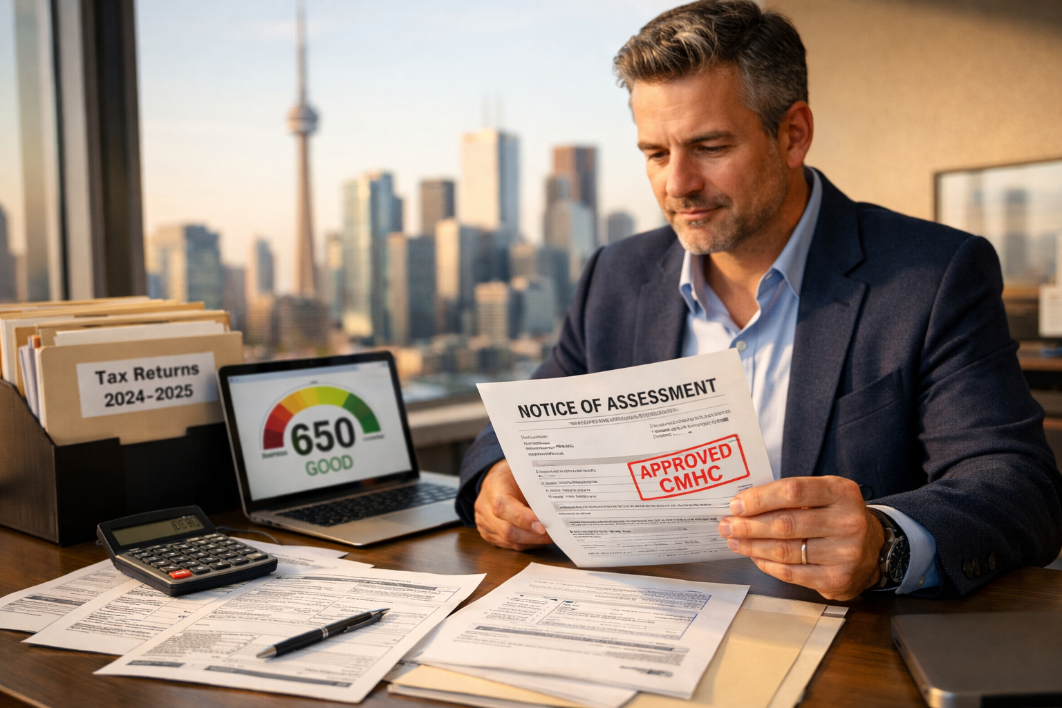 () professional photograph of self-employed business owner at modern desk reviewing financial documents including T1 General