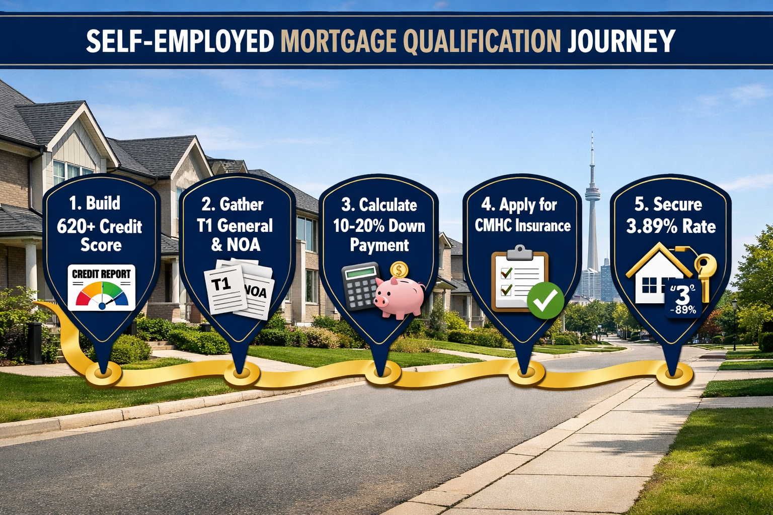 () step-by-step visual roadmap showing self-employed mortgage qualification journey with five connected milestone markers