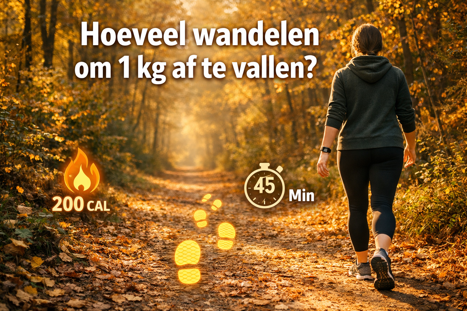 Professional landscape hero image (1536x1024) with bold text overlay 'Hoeveel wandelen om 1 kg af te vallen?' in extra large 72pt white sans