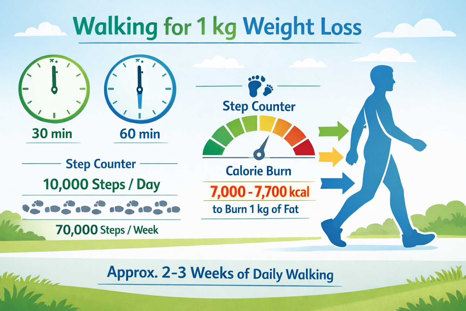 Detailed infographic illustration showing walking duration calculation for 1kg weight loss, featuring clock icons displaying different time 
