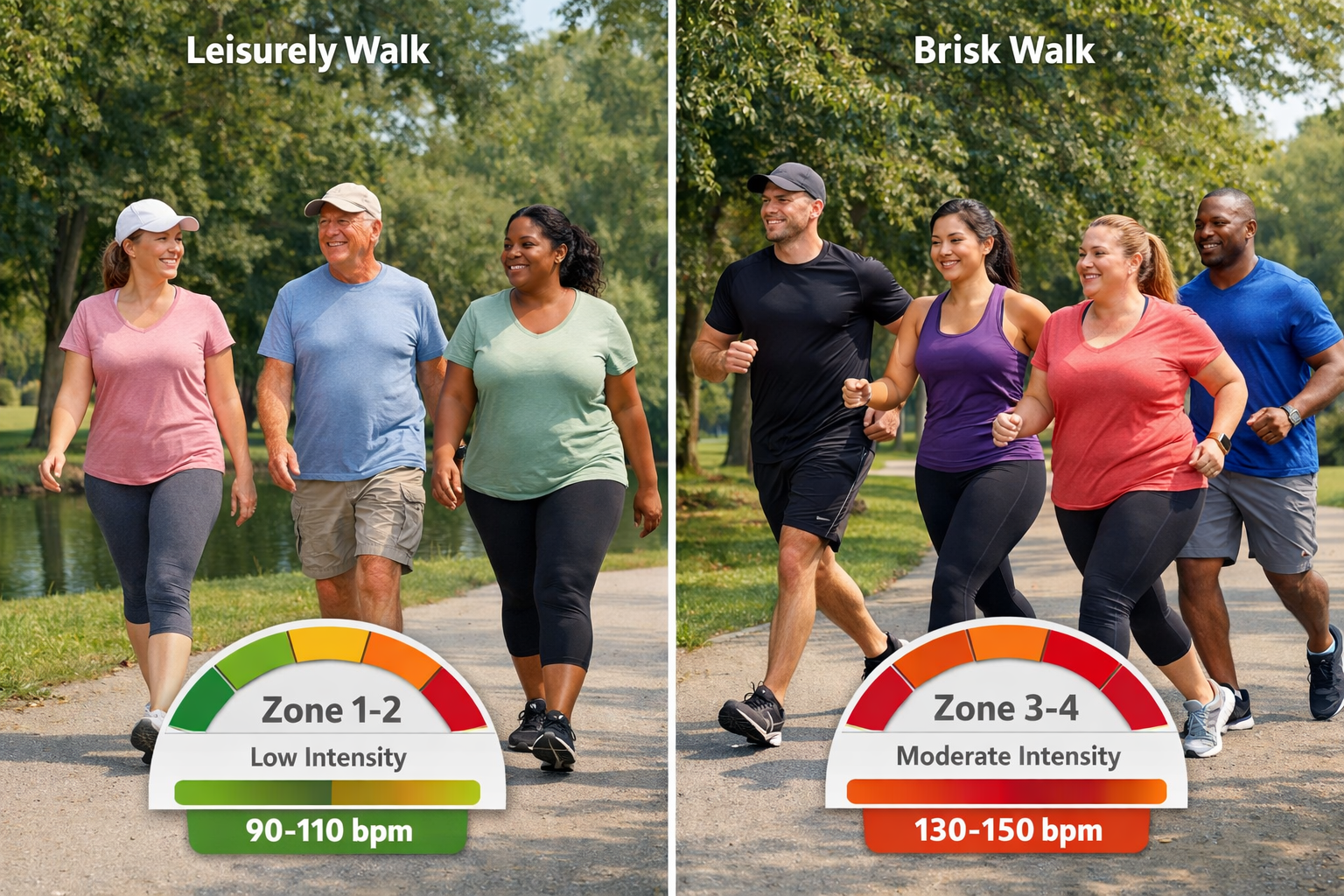 Realistic scene of diverse people walking at different paces in park setting, split-screen comparison showing leisurely walk (3-4 km/h) vers