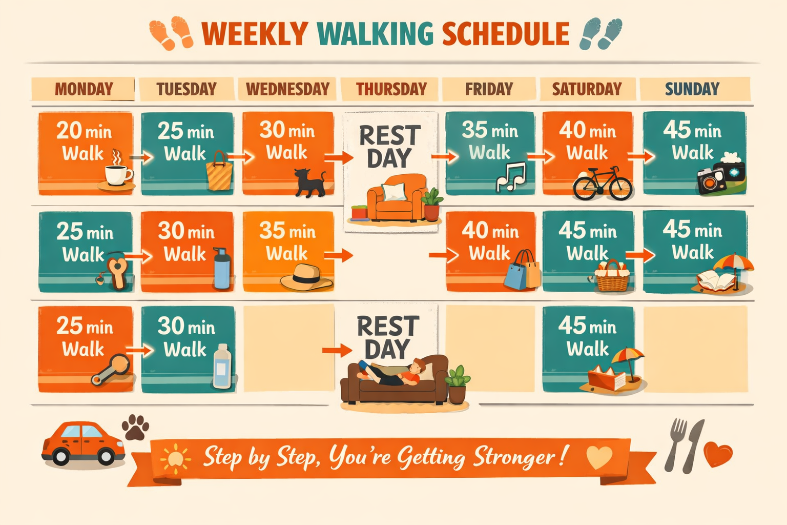 Practical weekly walking schedule visualization displayed as colorful calendar grid, each day showing walking duration blocks, rest days mar