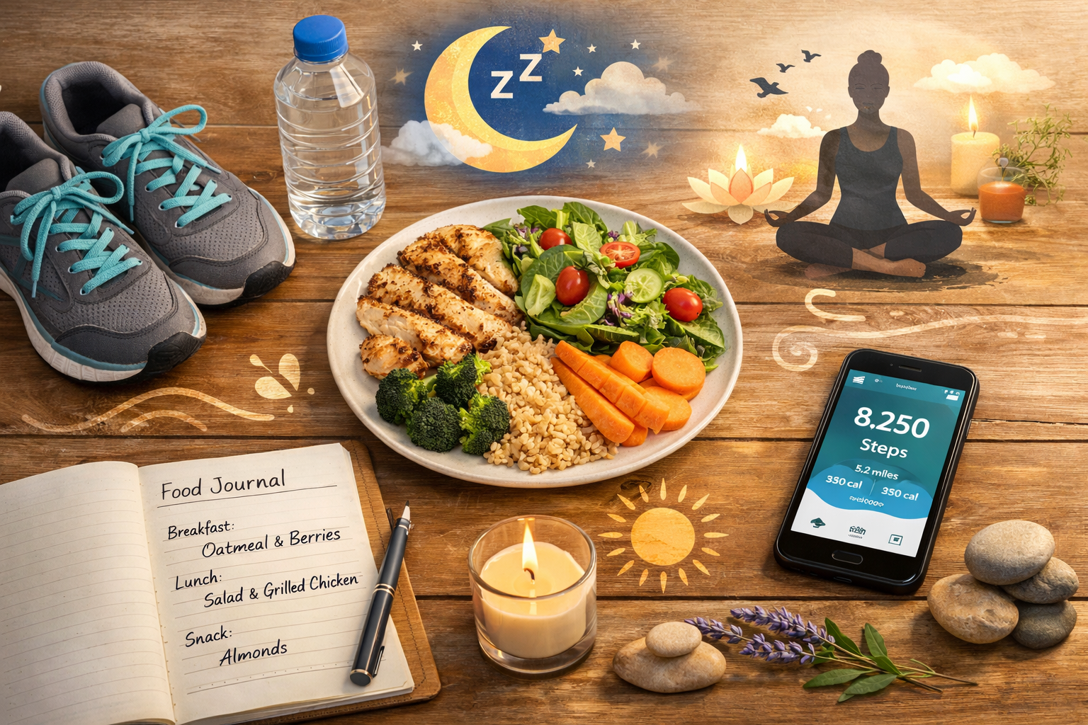 Comprehensive lifestyle factors illustration combining walking shoes on wooden floor, healthy meal plate with balanced portions, water bottl