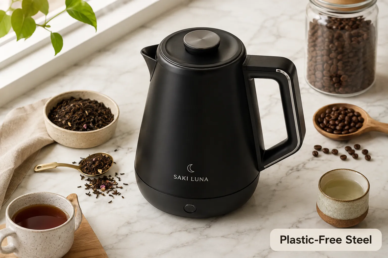 Saki Luna All Stainless Steel Electric Kettle Cordless Bright editorial flat-lay (1536x1024): Saki Luna electric kettle in matte black stainless steel centered on a white marble surface, surrounded by loose-leaf tea, coffee beans, and a small ceramic cup, overhead angle, natural daylight from a window at left, shallow depth of field on the kettle body, warm neutral tones, Pinterest-worthy product photography. Short label 'Plastic-Free Steel' in 4-word sans-serif badge at lower right with 8% margin.