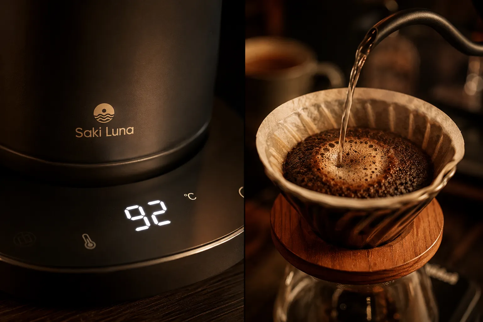 Saki Luna All Stainless Steel Electric Kettle Cordless Split-screen editorial (1536x1024): left half shows a close-up of the Saki Luna kettle digital temperature display glowing with a precise number, warm amber studio lighting, right half shows a pour-over coffee setup with a gooseneck stream of water hitting coffee grounds in a dripper, rich brown tones, dramatic shallow depth of field, high-contrast magazine composition. No tables, no pricing text. Precision Temperature Control and Preset Settings