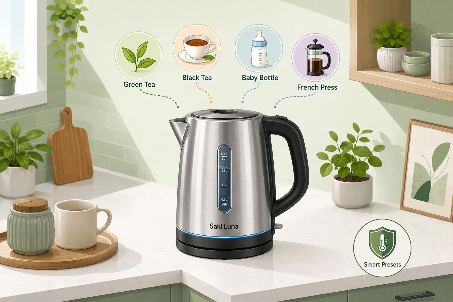 Saki Luna All Stainless Steel Electric Kettle Cordless Symbolic conceptual illustration (1536x1024): isometric flat-vector scene of a modern home kitchen counter, Saki Luna stainless steel kettle prominently centered, small icons floating above it representing temperature presets (green tea leaf, black tea cup, baby bottle, french press), bright pastel background in sage green and white, clean lines, save-worthy infographic style, any text labels maximum 3 words each with 8% safe margins. Saki Luna Cordless Kettle vs. Other Brands