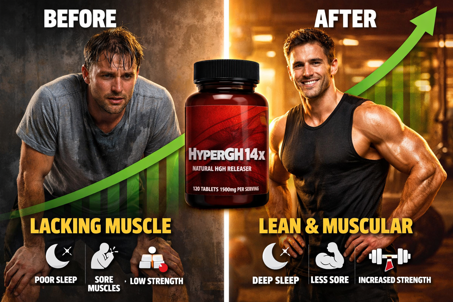 HyperGH 14x split-screen before-and-after style fitness transformation image, left side showing fatigued athlete with poor muscle definition, right side showing same athlete with lean defined musculature after consistent training, HyperGH 14x supplement bottle centered between the two panels, green upward-trending performance graph overlay, recovery metrics displayed as icon badges (sleep quality, DOMS reduction, strength gains), warm motivational lighting, bold sans-serif text callouts, editorial fitness magazine quality