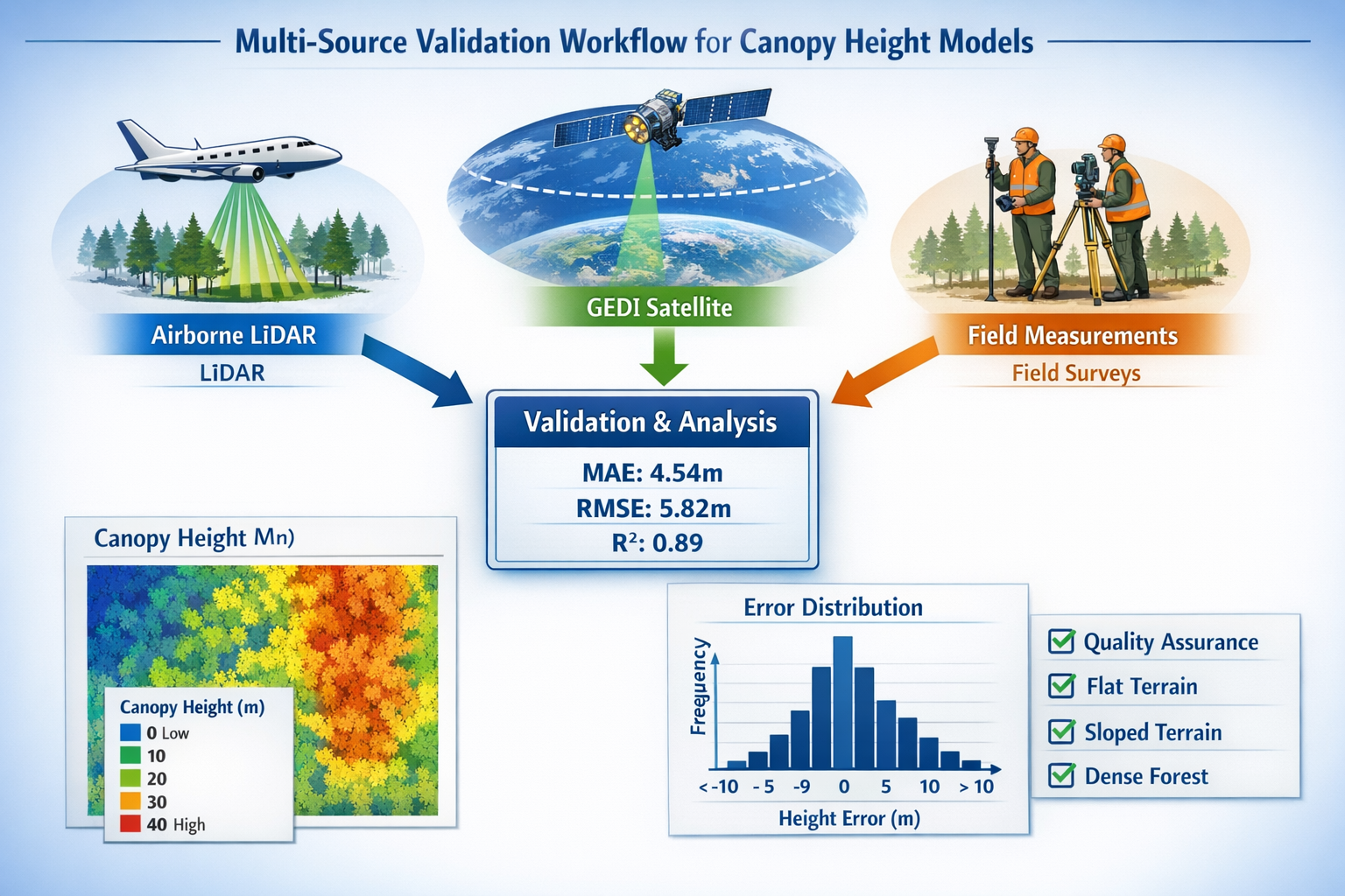 Comprehensive () technical diagram illustrating multi-source validation workflow for canopy height models. Central flowchart