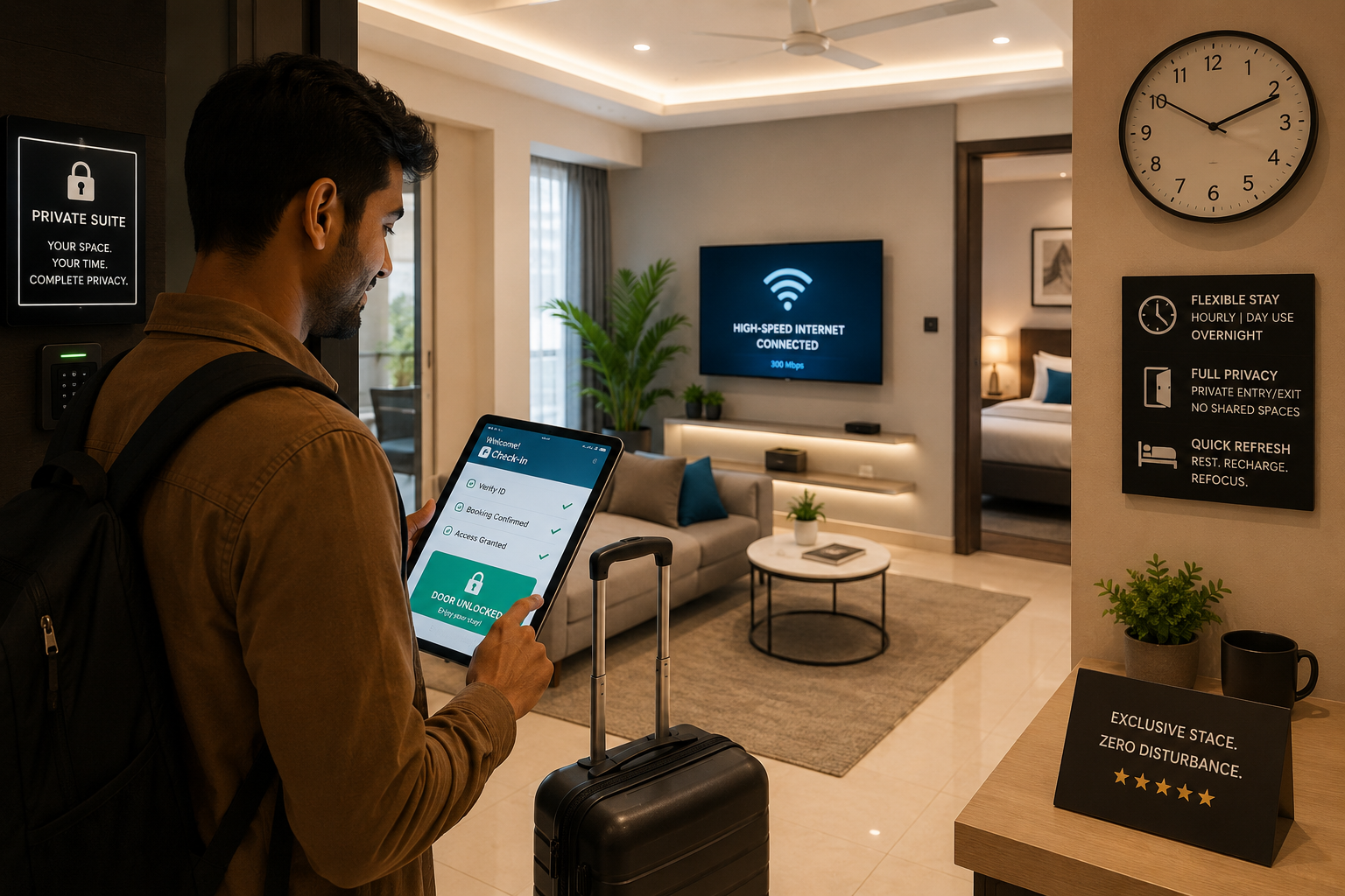 Detailed () image of a traveler checking into a modern, private Airbnb unit near Gurgaon Airport, with a digital check-in