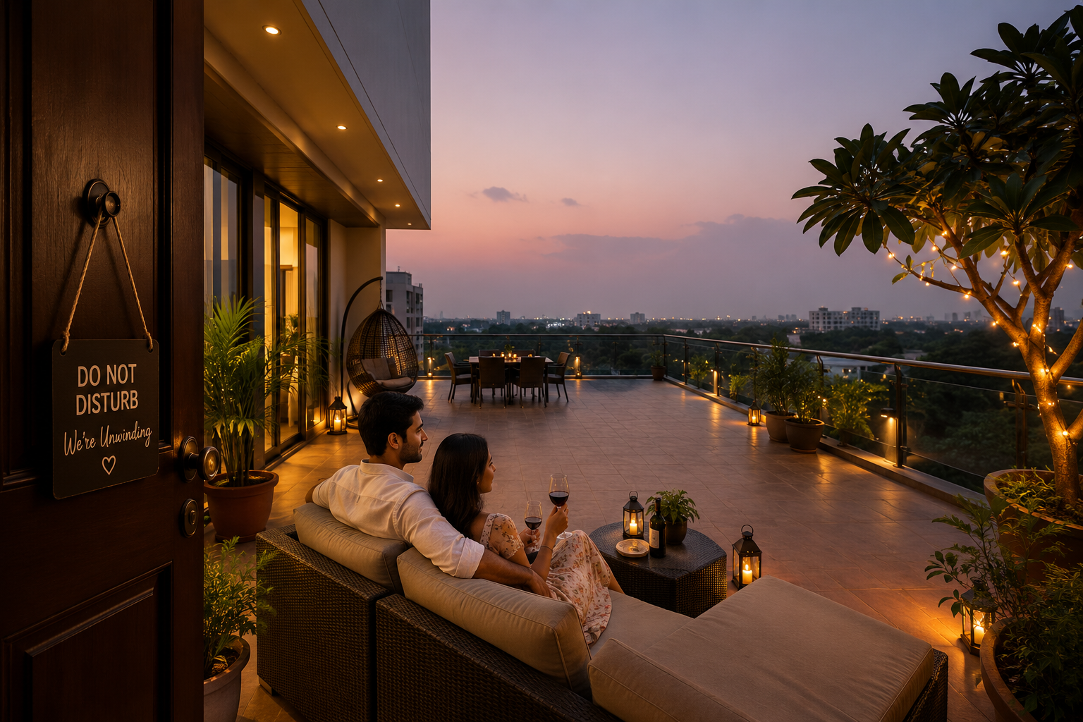 Detailed () image showcasing a couple enjoying a peaceful, private terrace attached to their Airbnb in Gurgaon, overlooking