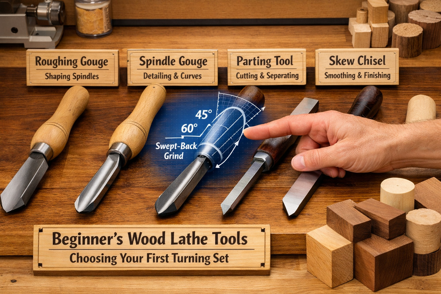 Detailed () image showing an organized display of a beginner's wood lathe tool set. The image features a close-up on