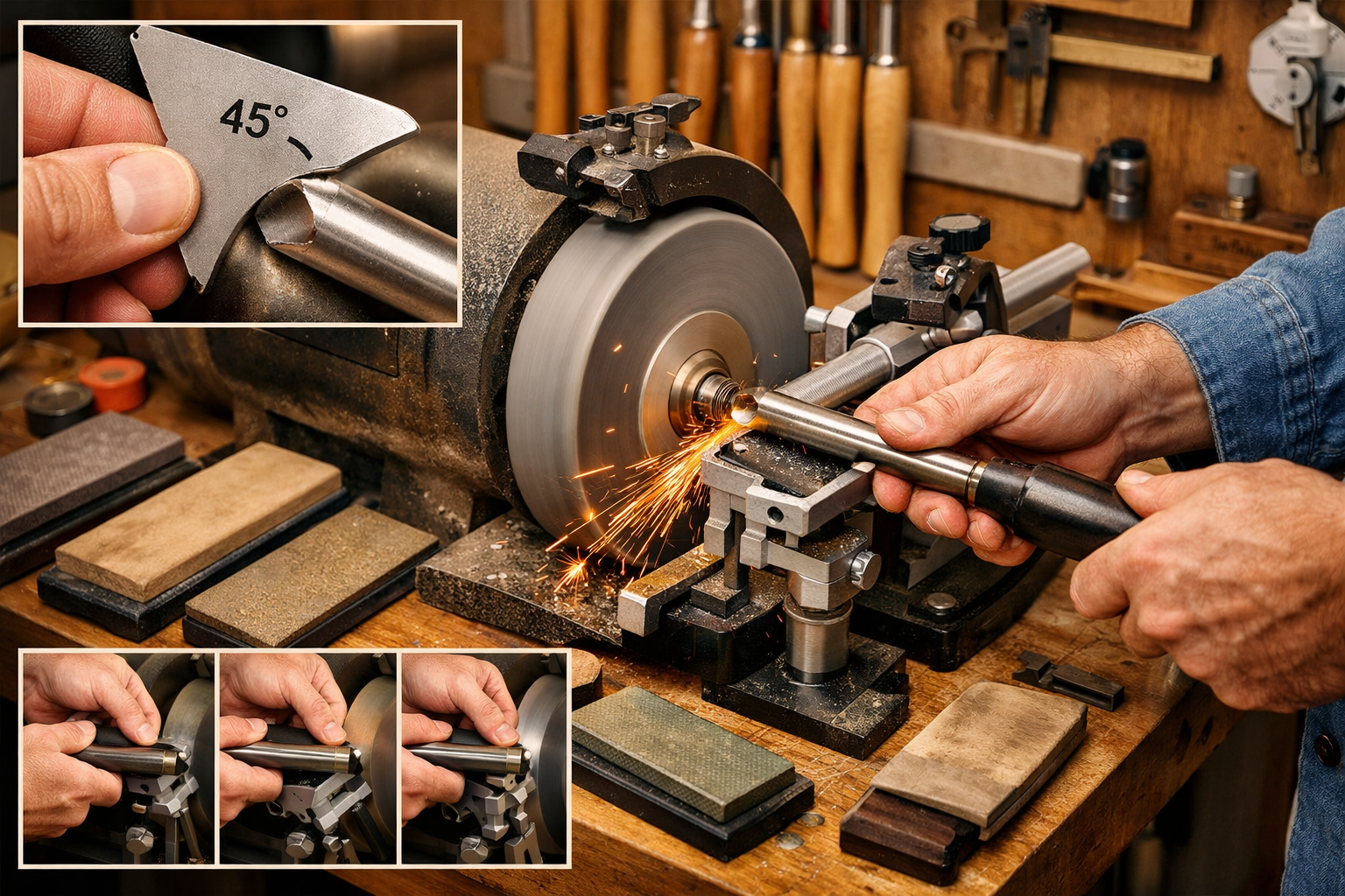 Detailed () image illustrating the process of sharpening wood lathe tools. The main focus is on a user meticulously