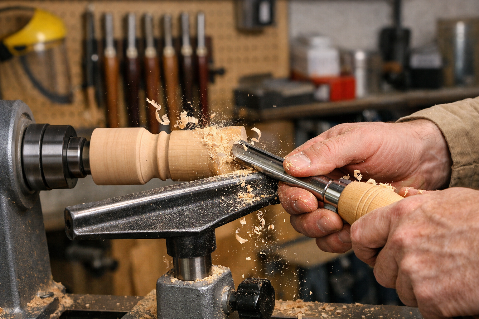 Detailed () image depicting the practical application of wood lathe tools. The scene features a woodturner demonstrating a