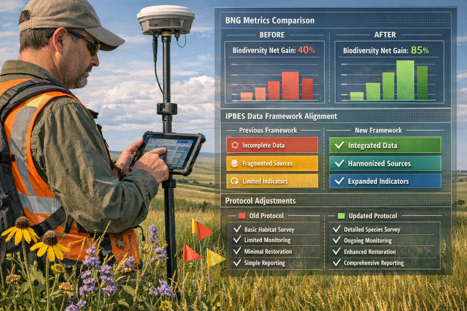Detailed () image showing close-up of biodiversity field surveyor in protective vest using tablet and GPS equipment in North