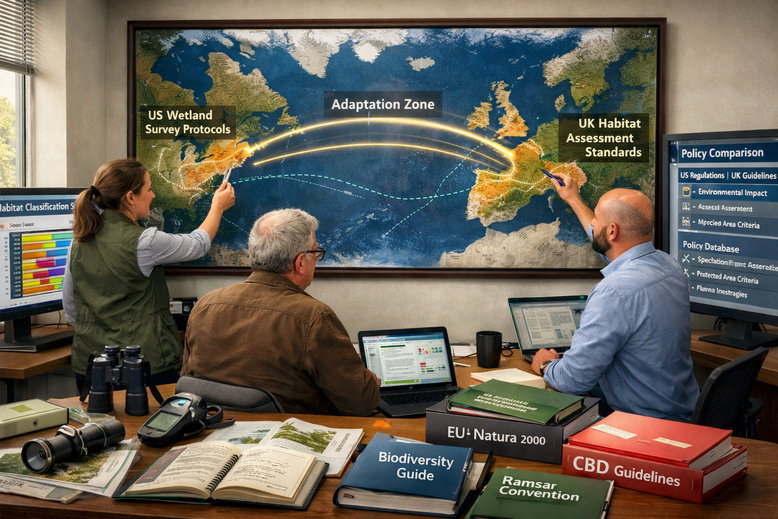 Wide-angle () image depicting international collaboration scene with UK-based biodiversity consultants reviewing large