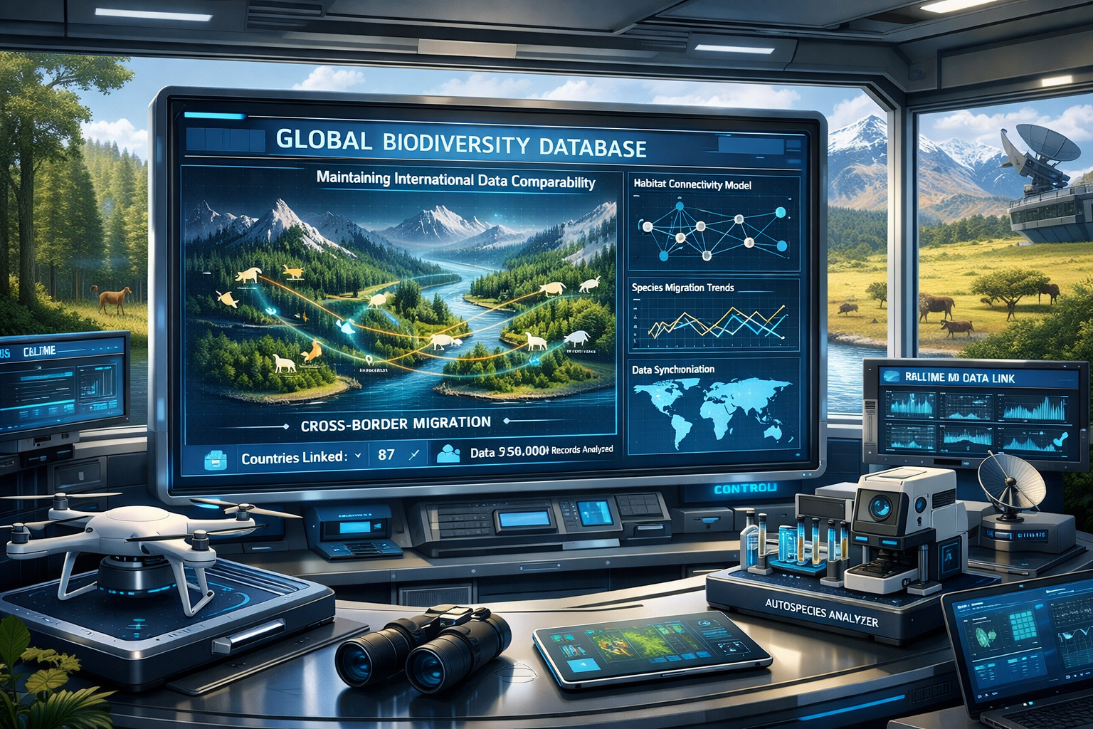 Detailed () conceptual image showing futuristic biodiversity monitoring station with advanced survey technology including